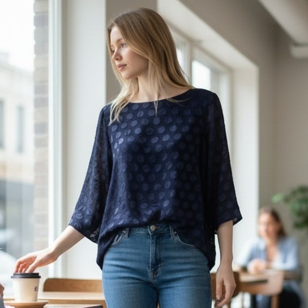 Ann Mashburn Polka Dot Blouse Womens XL Navy Blue Silk Blend 3/4 Sleeve Top